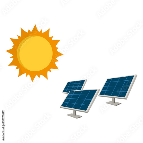 Clean energy and sun power, vector illustration. blue solar panels under bright sun. Eco generation.