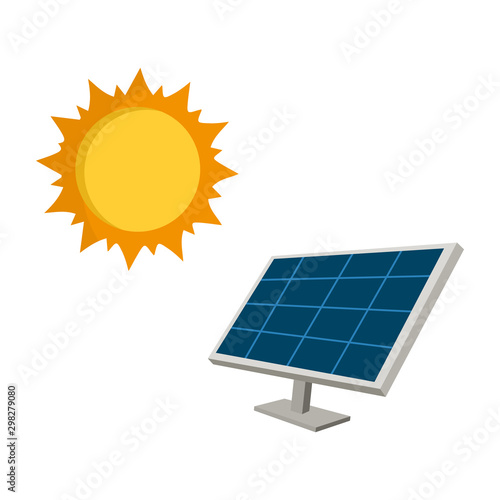 Clean energy and sun power, vector illustration. blue solar panels under bright sun. Eco generation.
