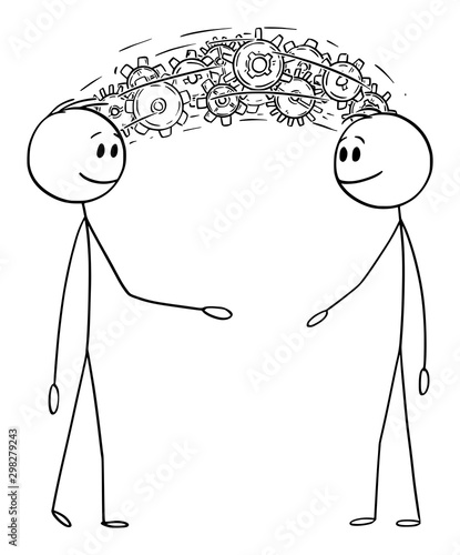 Vector cartoon stick figure drawing conceptual illustration of two men or businessmen sharing knowledge and information or brainstorming concept.
