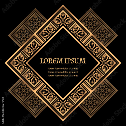 Luxury royal pattern vector frame. Islamic tile motif label. Gold black design for Ramadan holiday card, wedding party invitation, beauty spa salon flyer, yoga studio, save the date.