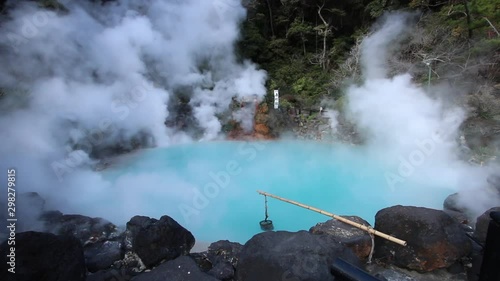 Umi Jigoku natural hot spring with Smoke and onsen tamago, sea hell, blue water and hot spring in Beppu Oita, Japan photo