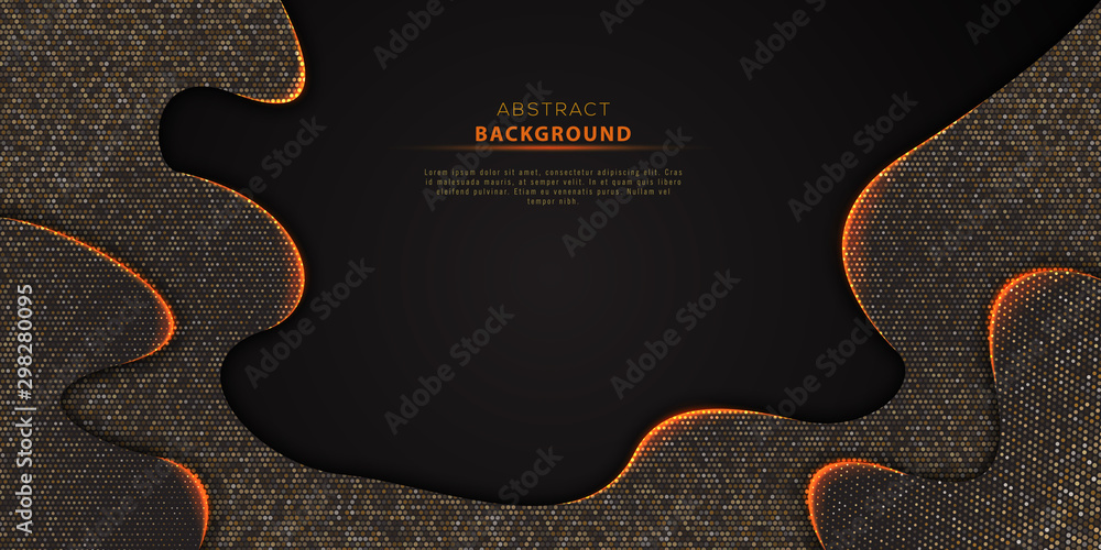 Abstract black vector background textured with golden glittering dots pattern and text. Modern design element for Black friday, Christmas or New Year holiday celebration banner, poster, flyer
