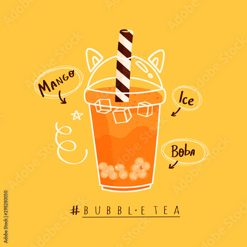 Tasty Bubble tea. Milk tea with tapioca pearls. Mango tea with ice. Asian Taiwanese drink. Hand drawn colored trendy vector illustration. Cartoon style. Flat design. Beverage recipe