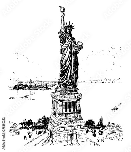 Bartholdi's Statue of Liberty in New York Harbor vintage illustration