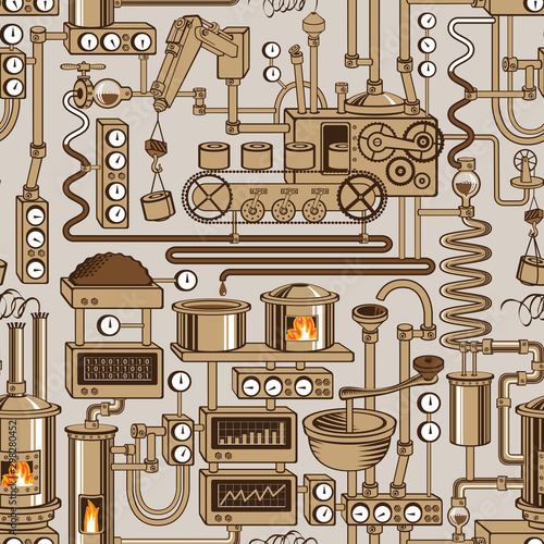 Vector seamless pattern on industrial theme with various production equipment, appliances, devices, sensors, mechanisms and pipes in retro style. Suitable for wallpaper, wrapping paper, fabric