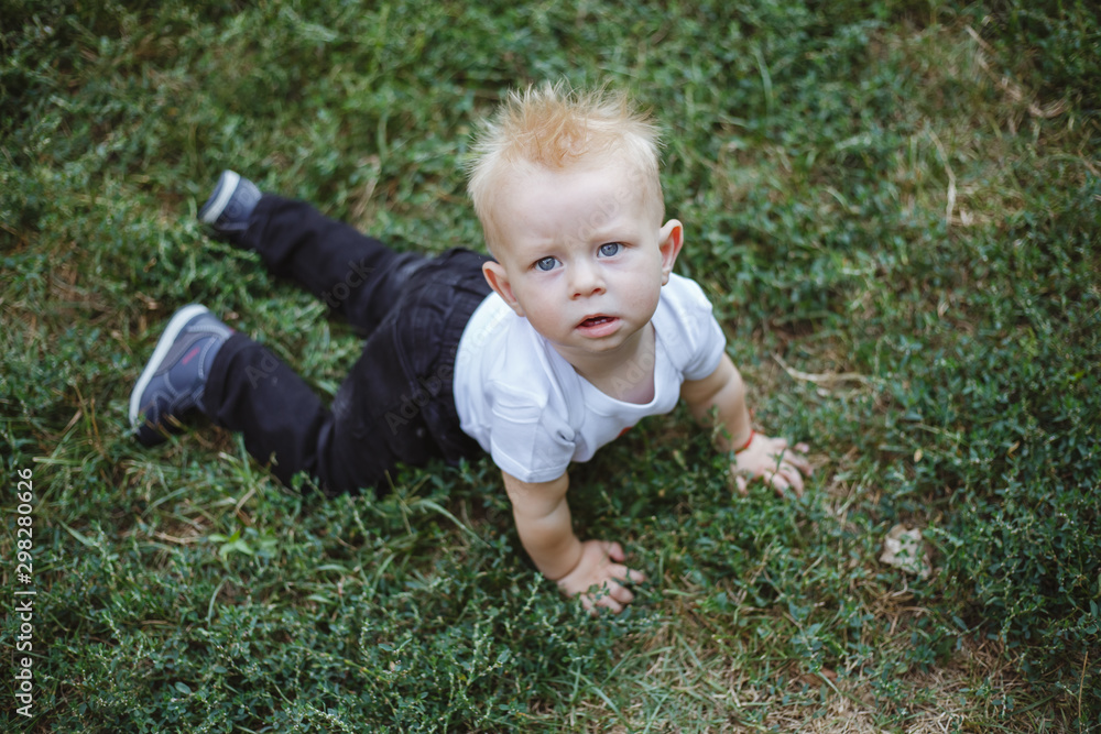 Cute little blond baby boy on fresh green grass. Kid having fun making first steps on mowed natural lawn. Cute little blond baby boy on fresh green grass. Kid having fun making first steps on mowed natural lawn.
