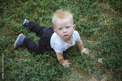 Cute little blond baby boy on fresh green grass. Kid having fun making first steps on mowed natural lawn.