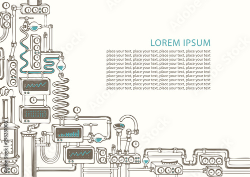 Vector banner on the theme of chemical laboratory or industrial equipment with various appliances, devices, sensors, mechanisms, pipes and place for text in retro style.