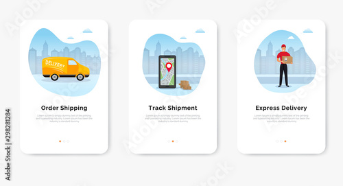 Express online delivery service app, tracking an order using smartphone, delivery man and van on city background. Onboarding screens templates for web site. Flat vector illustration