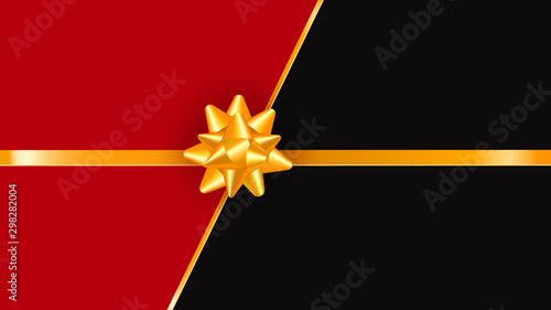 Gift card with golden gift bow and ribbon. Luxury New Year or Christmas greeting card, wedding invitation template. Place for text.