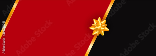 Greeting card template with golden bow and ribbon. Luxury premium New Year or Christmas holiday gift card, invitation, voucher, coupon, banner or present design. Place for text.