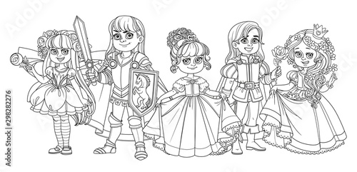 Children in carnival costumes of the fairy,prince, princess and knight outlined for coloring page
