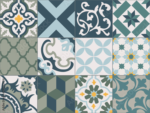 Vintage tiles intricate details for a decorative look. Ceramic paint floor, ornament Collection Patchwork Pattern Colorful Painted tin Illustration background Pattern. Geometric decoration for floor