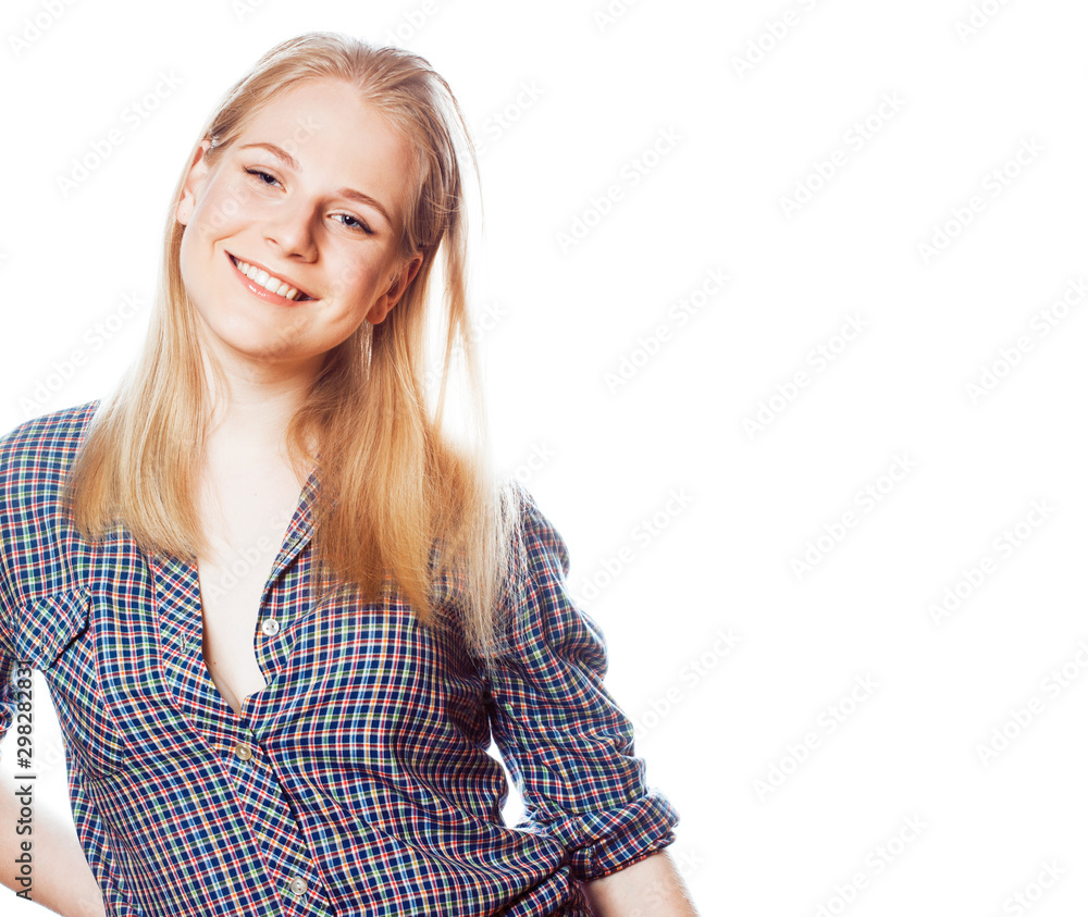 young pretty stylish blond hipster girl posing emotional isolated on white background happy smiling cool smile, lifestyle people concept closeup young pretty stylish blond hipster girl posing emotional isolated on white background happy smiling cool smile, lifestyle people concept closeup