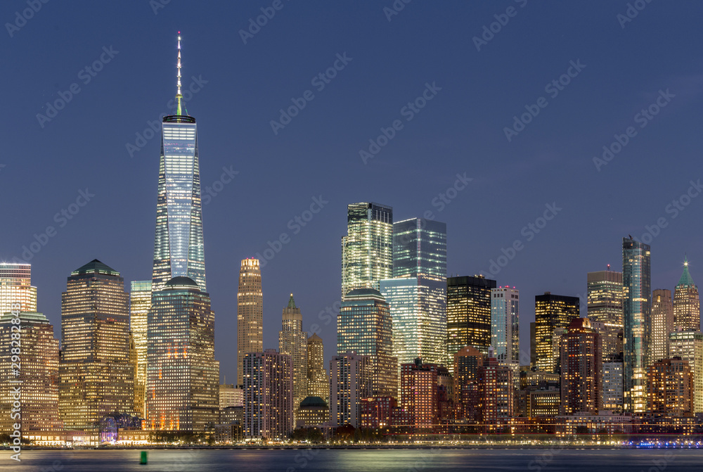 Sunset and night view of Manhattan, cityscapes of New York, USA