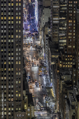 Aerial view of the modern buildings and street in Night in New York