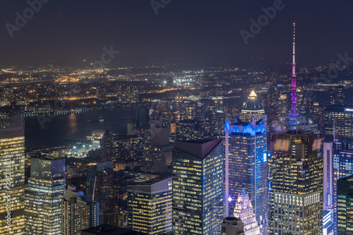 Aerial view of the modern buildings and street in Night in New York