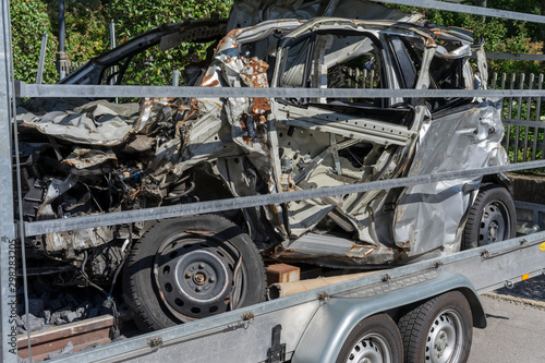 Ludwigsburg, Germany - 15 September 2019: Destroyed car on the tow truck. Total demolished car.