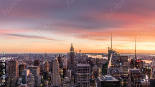 Sunset view of Manhattan City Skyline and the Empire State Building from Top of the Rock on Rockefeller Center