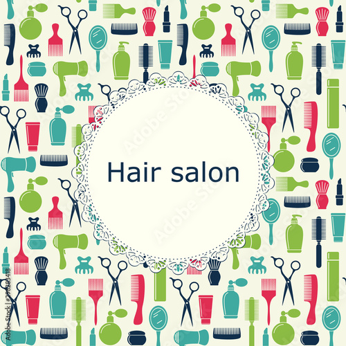 Beauty salon seamless backgound, barbershop pattern with place for text. Scissors and tools. Hairdresser icons.