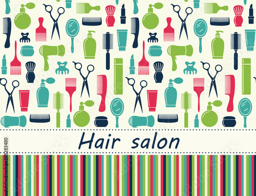 Beauty salon seamless backgound, barbershop pattern with place for text. Scissors and tools. Hairdresser icons.