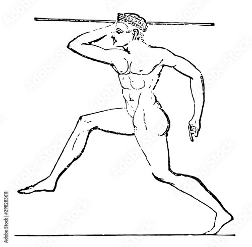 Hurling the javelin, vintage illustration.