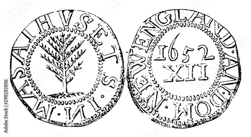 Silver Massachusetts XII Pence Coin, 1652 vintage illustration.