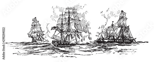 Naval Battle, vintage illustration.