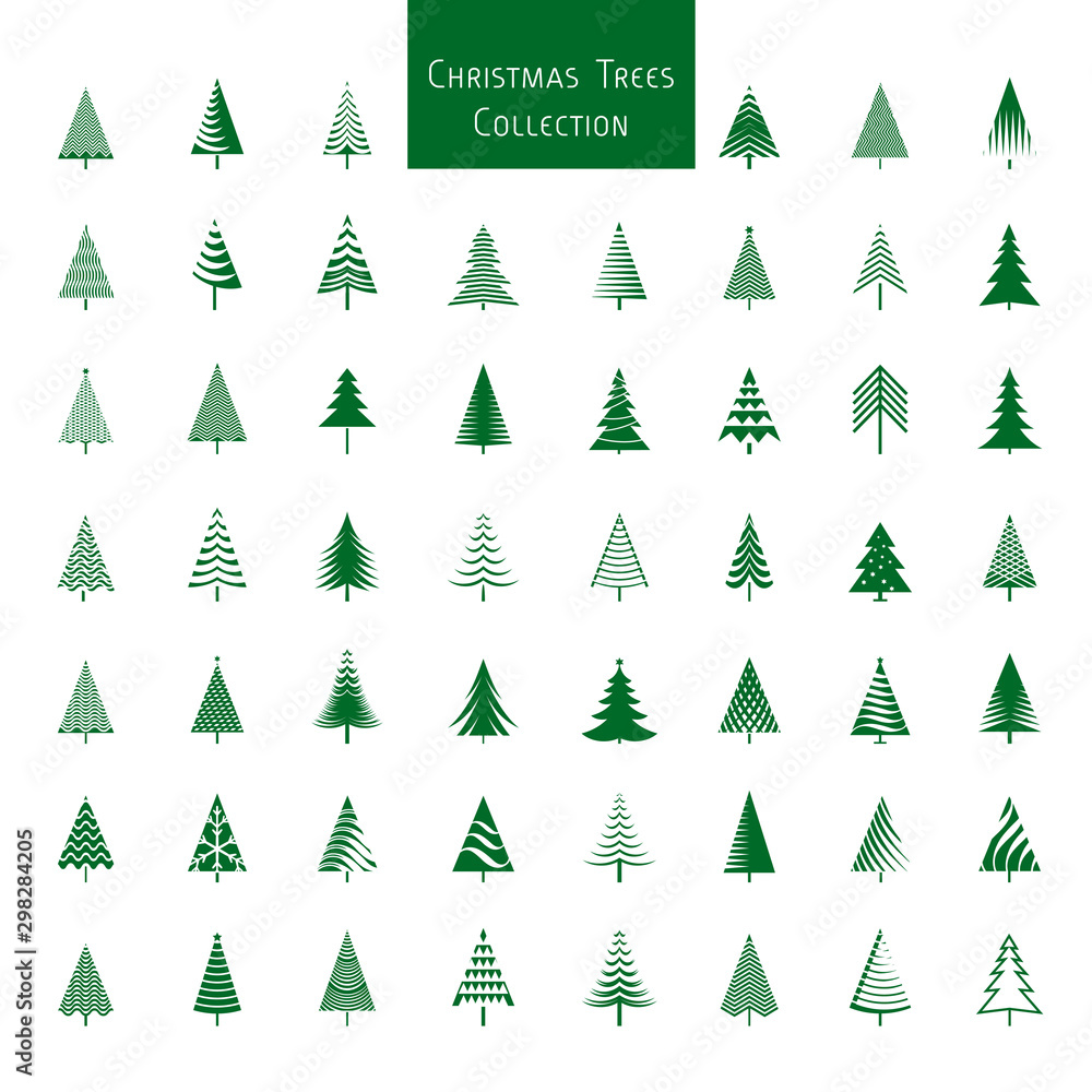 Fototapeta premium Set of green Christmas Trees. Winter season design elements. Isolated vector xmas Icons.