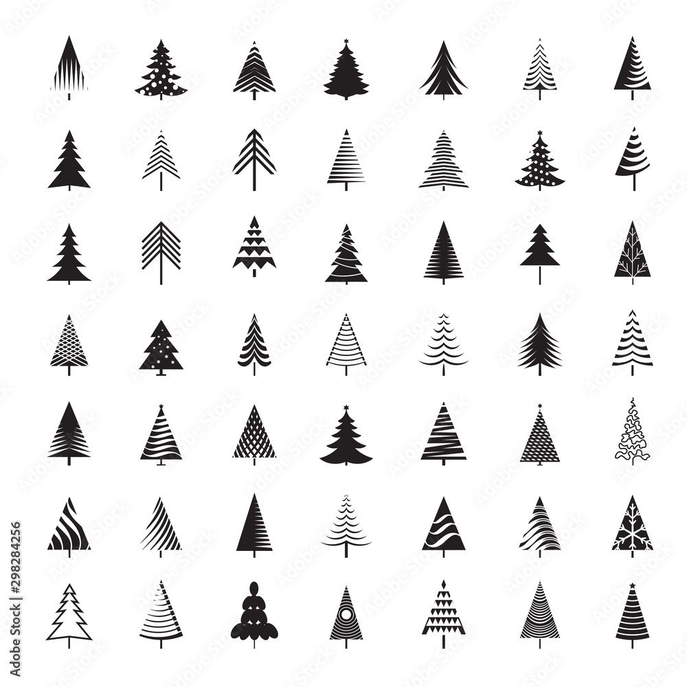 Set of black Christmas Trees. Winter season design elements. Isolated vector xmas Icons. - obrazy, fototapety, plakaty 