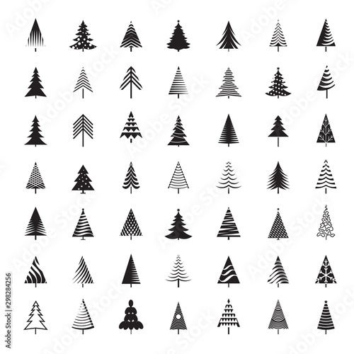 Set of black Christmas Trees. Winter season design elements. Isolated vector xmas Icons.