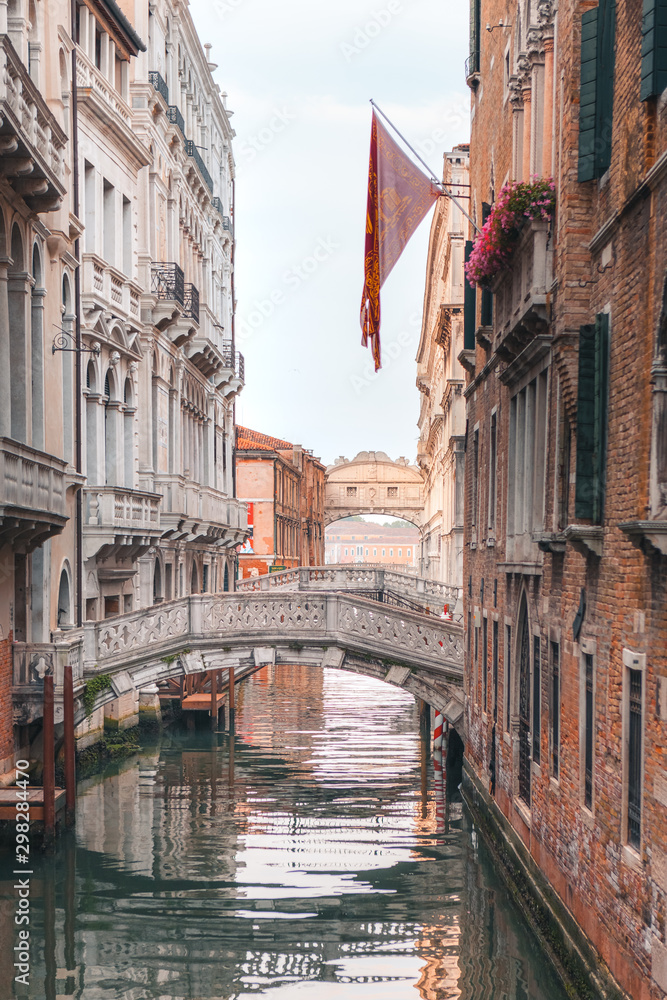 View to the Bridge of Sighs from ponte del Rimedio, empty streets and bridges on early morning in Venice, Italy
