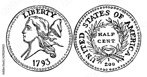 Copper Half Cent Coin, 1793 vintage illustration.
