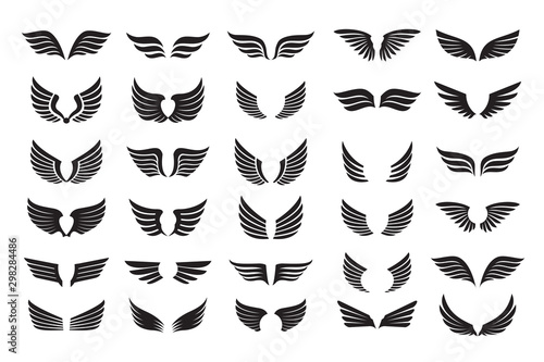 Set of black shape of Wings. Vector Illustration and outline Icons.
