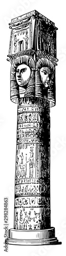 Column from the Temple of Denderah, with Hathor Masks, Time of Cesar, vintage illustration.