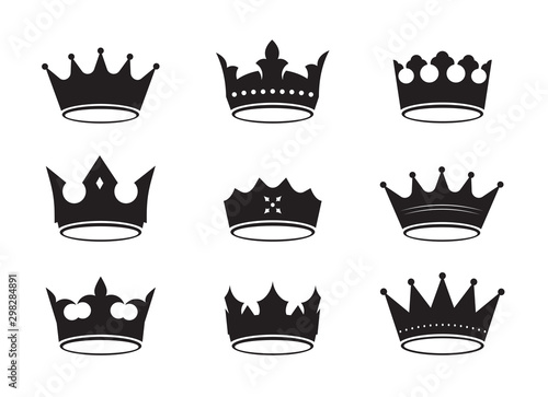 Set of black vector king crowns and icon. Vector Illustration.