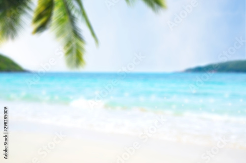 Fototapeta Naklejka Na Ścianę i Meble -  Beautiful view of  blue sea and white beach with coconut leaves.Blur image.