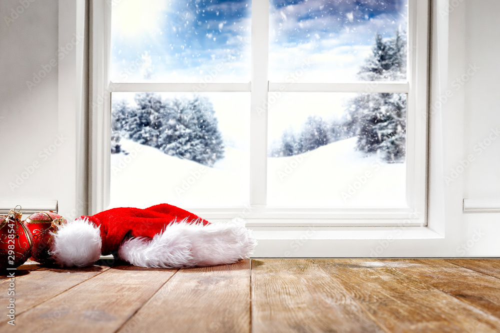 Fototapeta premium Winter window sill and free space for your decoration. 