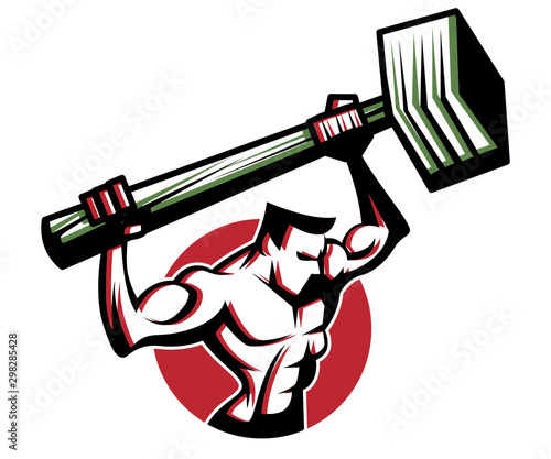 Retro strong worker bring a big Sledge Hammer. Vintage vector illustration