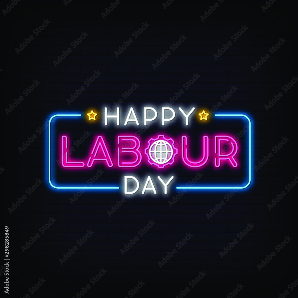 Happy Labour Day Neon Signs Style Text Vector