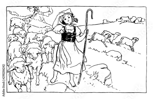Little Bo Peep And Sheep vintage illustration.