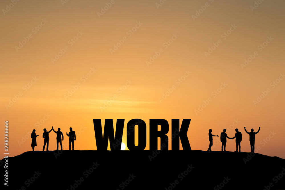 Silhouette group of business people are celebrating success at sunlight background. Business work concept.