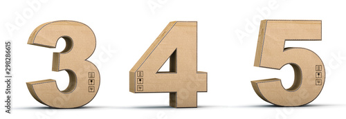 Cardboard texture numbers 3, 4, 5. 3D render. Paperboard alphabet. Font box photo