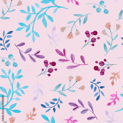 Cute watercolor seamless pattern. Multicolored leaves and twigs on a pink background