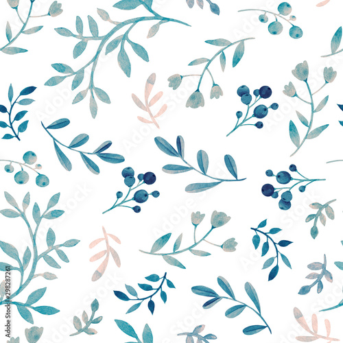 Watercolor seamless pattern. Abstract botanical ornament. Cute blue and green twigs