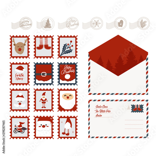 Set of Christmas postage stamps, stamps and envelopes.