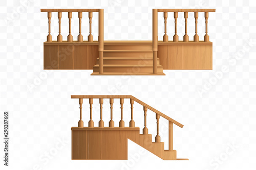 Porch from wooden balustrade isolated on transparent background side and front view. External staircase with decorative pillars for entrance to house, architecture. Realistic 3d vector illustration