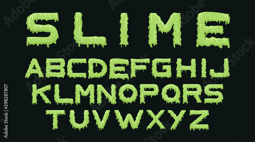Slime font. Alphabet with green flow drops and goo splash for Halloween lettering. Latin abc. Liquid toxic radioactive symbols in zombie style isolated on black background. Cartoon vector illustration
