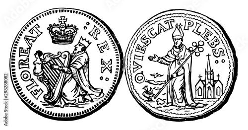 Copper Quarter Pence Coin, 1681 vintage illustration.