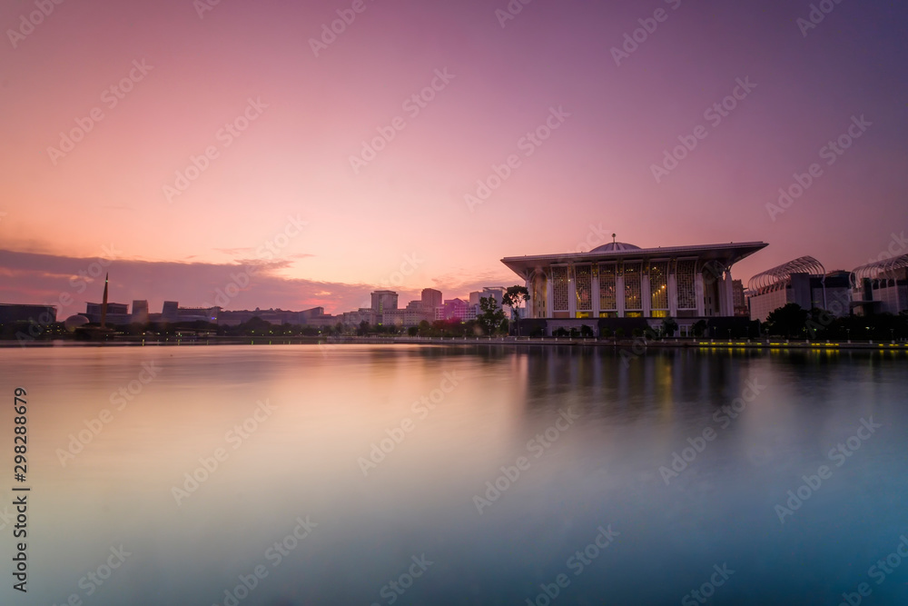Beautiful  sunrise  view over Sultan Mizan Zainal Abidin mosque also known as masjid besi, located in Putrajaya, Malaysia.